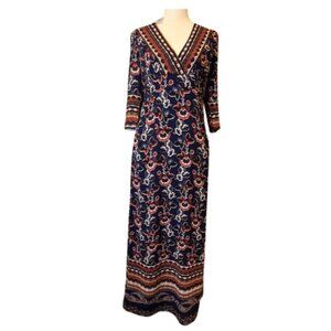 Boho Dark Navy/Black Floral Stripe Maxi Dress 3/4 Sleeve NWT
